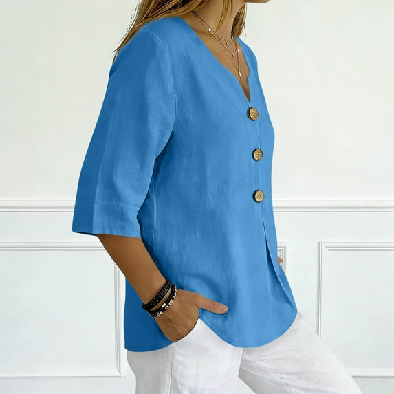 Linen Tops for Women Summer Work Shirts Trendy Button Down V Neck Boho Clothes Spring Tops for Women 2026 Blue M