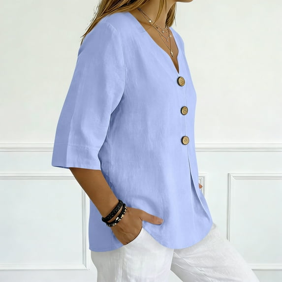Linen Tops for Women Summer Work Shirts Trendy Button Down V Neck Boho Clothes Spring Tops for Women 2026 Light Blue L