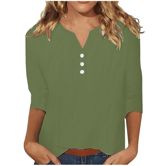 Linen Tops for Women Trendy V Neck Button 3/4 Sleeve Henley Shirts Casual Dressy Summer Going Out Plus Size Tops Army Green S