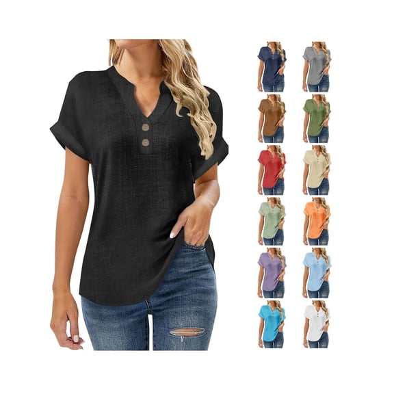 Linen Tops for Women V Neck Short Sleeve Tops Loose Casual Plus Size Boho Blouses Beach Vacation Outfits