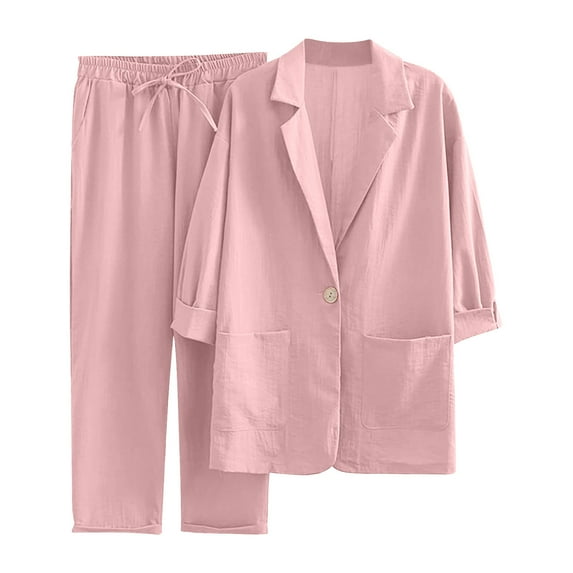 Linen Trousers Suits Womens 2 Piece Blazer Set Solid Lapel Front Open Blazer Jackets Long Pants Sets Ladies Casual Summer Going Out Outfits Elastic Waist Drawstring Trouser with Pockets