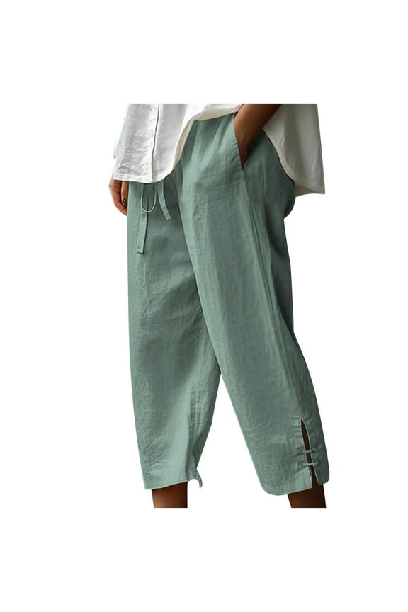 Linen Trousers Womens 3/4 Harem Pants Summer Casual Plain Cropped Trousers Elasticated Waist Lightweight Capri Pants for Leisure Vacation Travel
