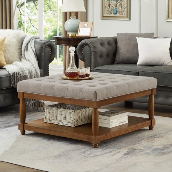 Linen Tufted Square Coffee Table with Solid Wood Frame and Open Shelf