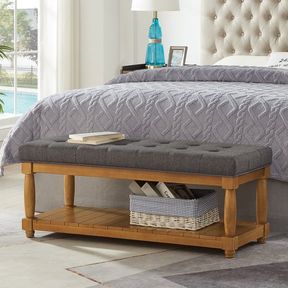 Linen Tufted Storage Bench, Ottoman with Solid Wood Spindle Legs - Entryway Bedroom