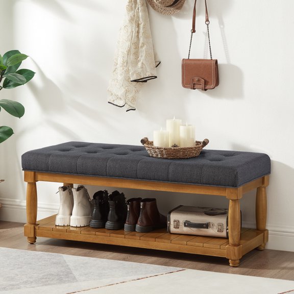 Linen Tufted Storage Bench, Ottoman with Solid Wood Spindle Legs - Entryway Bedroom