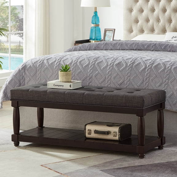 Linen Tufted Storage Bench, Ottoman with Solid Wood Spindle Legs - Entryway Bedroom