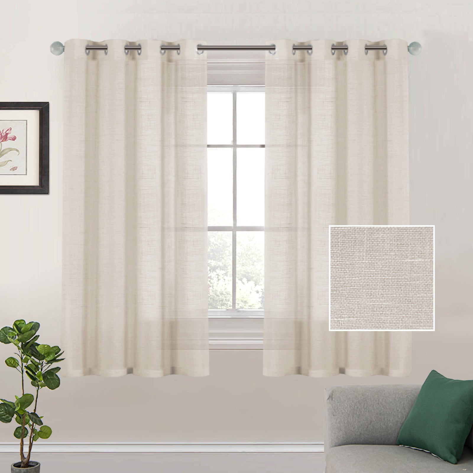 Linen Tulle Curtain 132X160Cm Beige,2 Curtains,Linen Sheer Curtains 63 Inch Length Semi Sheer Curtains Silver Linen Curtain Panels for Living Room/Bedroom Light Filtering Curtains 2 Panels