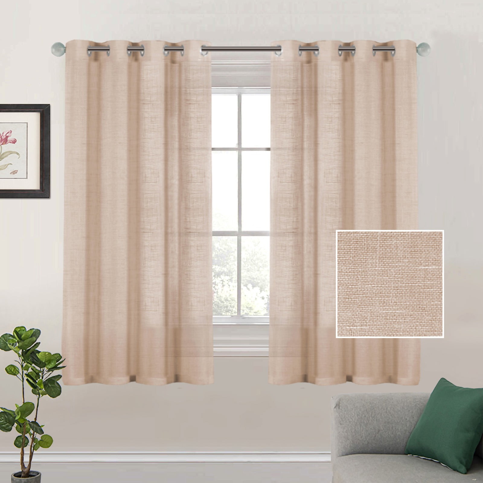 Linen Tulle Curtain 132X160Cm Khaki,2 Curtains,Linen Sheer Curtains 63 Inch Length Semi Sheer Curtains Silver Linen Curtain Panels for Living Room/Bedroom Light Filtering Curtains 2 Panels