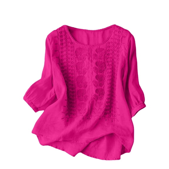 Linen Tunic Tops Boho Tunic Tops for Leggings Cotton Blend Tops Women Shirts Women 3/4 Length Sleeve Peasant Tops for Women Plus Size Bohemian Hippy Long Tops for Women