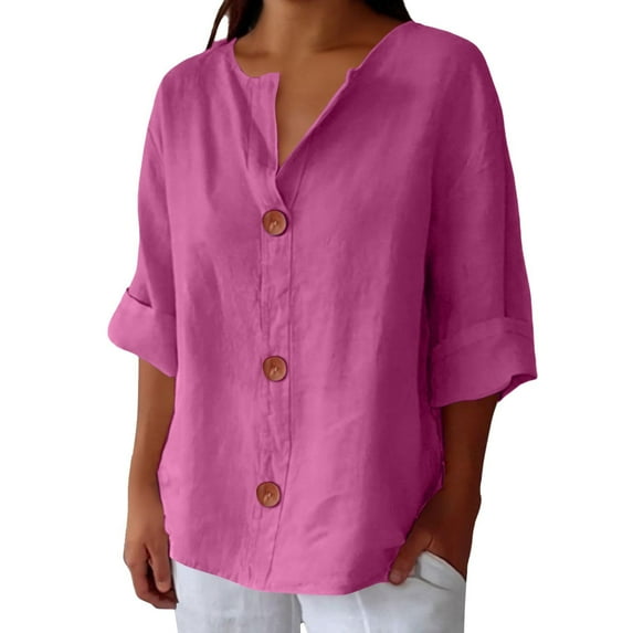 Linen Tunic Tops for Women, Yigetop Linen Shirts for Women Summer Cotton Linen V Neck 3/4 Sleeve Tops Loose Vacation Beach Solid Blouses Tunic Tops Linen Shirts for Women Pink 2XL