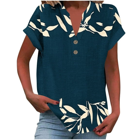 Linen Tunic Tops for Women Vintage Floral Graphic Tee Roll Up Short Sleeve Shirt V Neck Button Up Blouse Boho Summer Tops