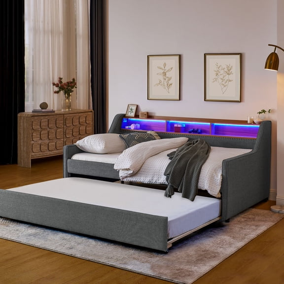 Linen Twin Size Sofa Bed with Trundle and Wireless Charging / Combine Comfort and Function in Living Room