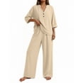 thumbnail image 1 of Linen Two Piece Outfits for Women Summer V Neck Button Down Tops Wide Leg Pants Set Casual Loose Matching Sets For Vacation, 1 of 7