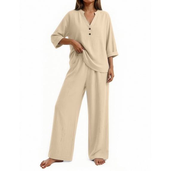 Linen Two Piece Outfits for Women Summer V Neck Button Down Tops Wide Leg Pants Set Casual Loose Matching Sets For Vacation
