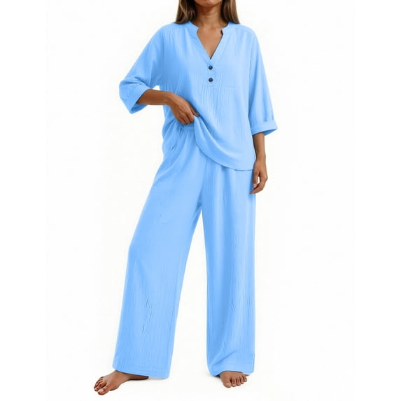 Linen Two Piece Outfits for Women Summer V Neck Button Down Tops Wide Leg Pants Set Casual Loose Matching Sets For Vacation