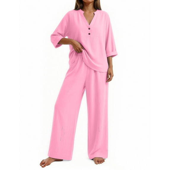 Linen Two Piece Outfits for Women Summer V Neck Button Down Tops Wide Leg Pants Set Casual Loose Matching Sets For Vacation