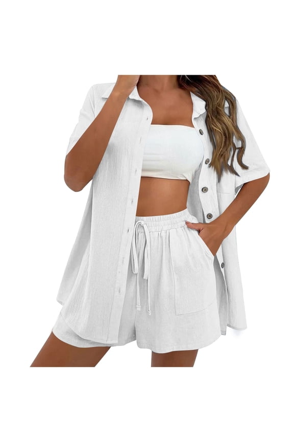 Linen Two Piece Set Lady Women's Plus Size Cotton Linen Sets Solid Color Short Sleeve Button Shirts and Shorts with Pockets Loungewear Beach Pants Sets White 3XL