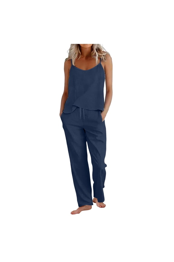 Linen Two Piece Set Women Womens Spring Outfits Garment Friendly Tank Tops Cotton Linen Pants Set Work Sets For Women Oversized Linen Shirts For Women Wide Leg Pants Lounge Set