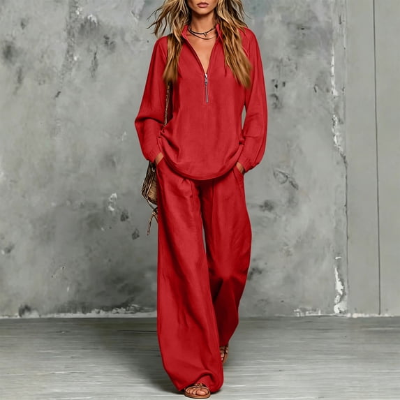 Linen Two Piece Sets for Women V Neck Zipper Matching Sets Loungewear Fall Travel Outfits Fashion 2026 ,M