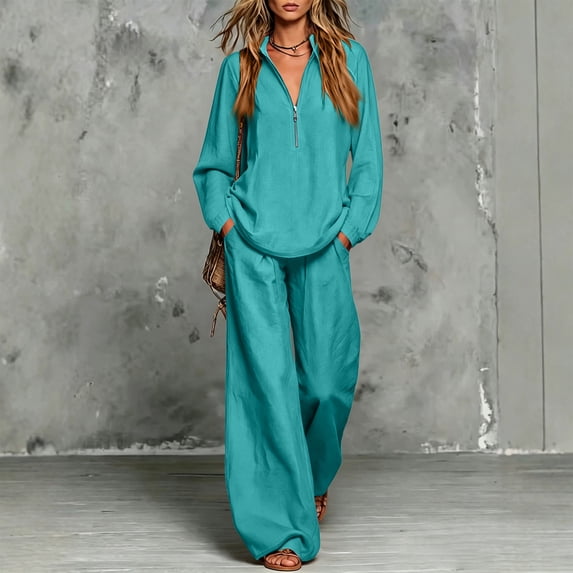 Linen Two Piece Sets for Women V Neck Zipper Matching Sets Loungewear Fall Travel Outfits Fashion 2026 ,M