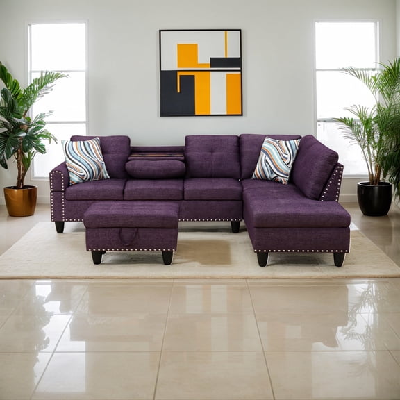 [SquarePulse]High - Quality Linen Upholstered 3 - in - 1 Sectional Sofa with Ottoman