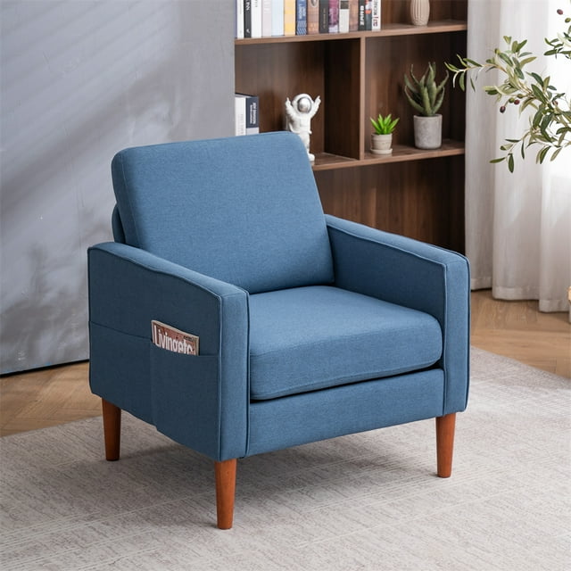 Linen Upholstered Accent Chair, Modern Armchair with Solid Wood Legs