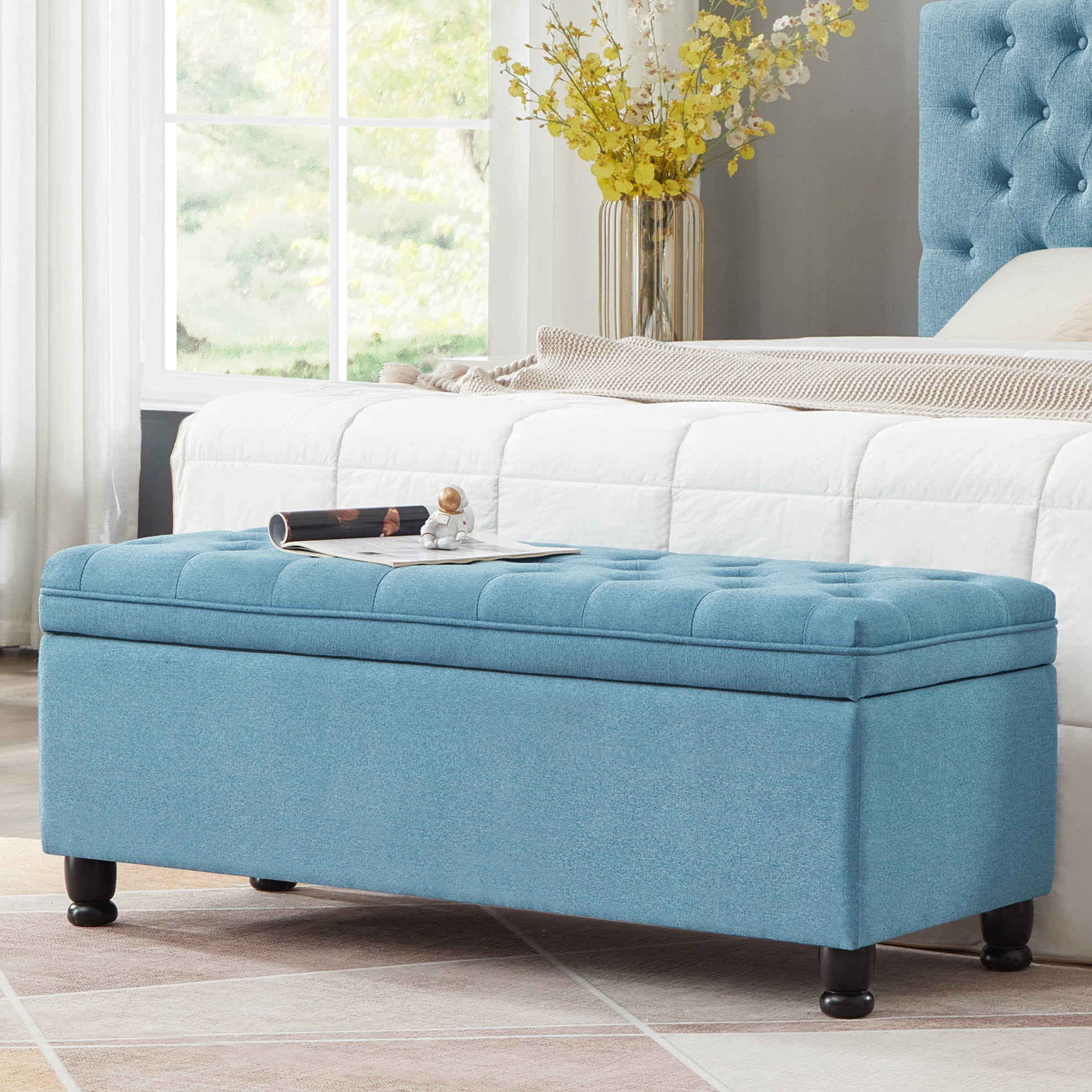 Bench Button Linen Upholstered Button Bench In Blue With Stable Wooden Foundation ...