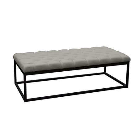 Linen Upholstered Button Tufted Bench with Open Metal Base, Large, Gray and Black- Saltoro Sherpi