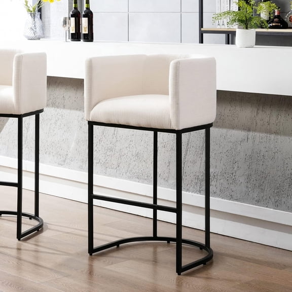 Linen Upholstered Counter Stool 29 inch, Cream Barrel Seat with Curved Back, Black Tubular Legs for Modern Kitchen or Bar Decor, White