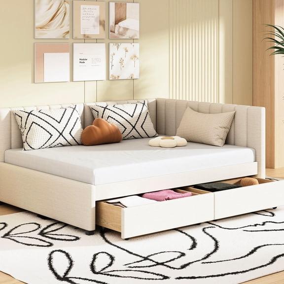 Linen Upholstered Daybed with Storage Drawers / Ideal for Home Storage and Relaxation