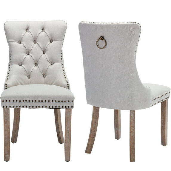 Linen Upholstered Dining Chairs Set of 2, Beige Mid Century Modern Dining Chairs, Kitchen & Dining Room Chairs with Wood Legs, Sillas de Comedor (Beige, 2 Pcs)