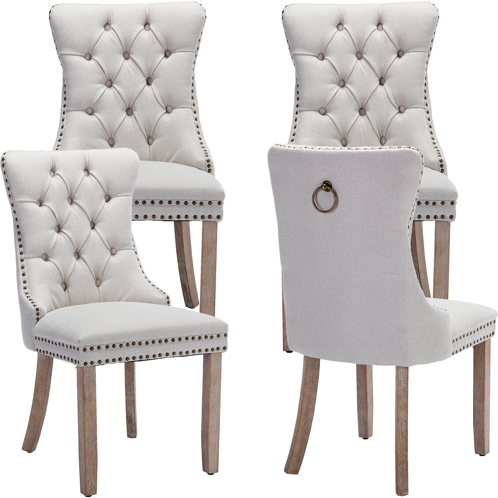 Linen Upholstered Dining Chairs Set of 4, Beige Mid Century Modern Dining Chairs, Kitchen & Dining Room Chairs with Wood Legs, Sillas de Comedor (Beige, 4 Pcs)