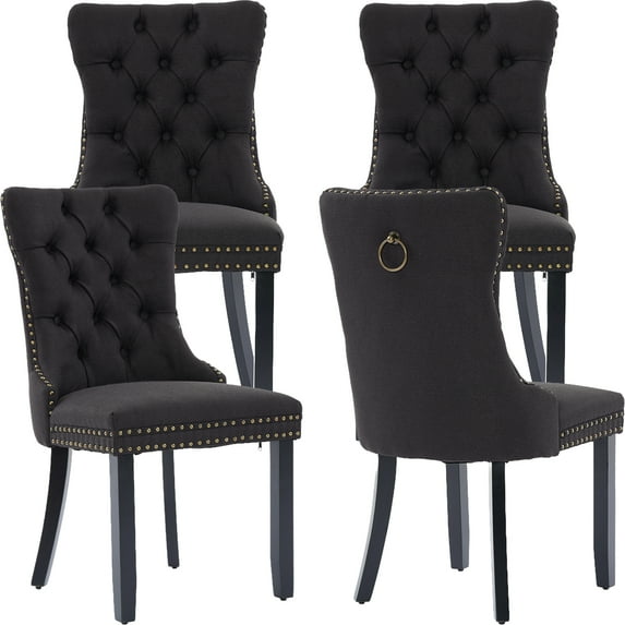 Linen Upholstered Dining Chairs Set of 4, Black Mid Century Modern Dining Chairs, Kitchen & Dining Room Chairs with Black Wood Legs, Sillas de Comedor (Black, 4 Pcs)