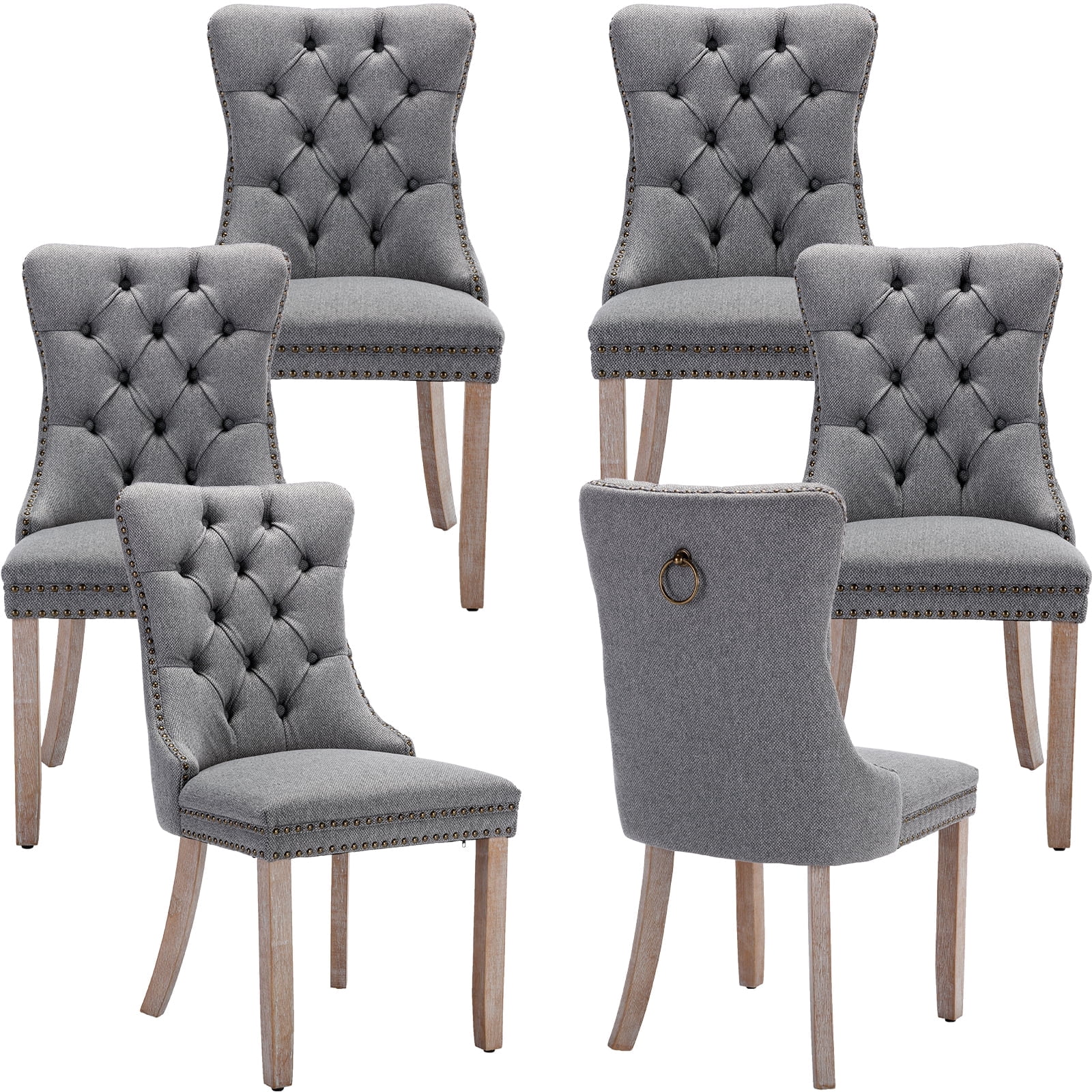 Linen Upholstered Dining Chairs Set of 6, Gray Mid Century Modern Dining Chairs, Kitchen & Dining Room Chairs with Wood Legs, Sillas de Comedor (Grey, 6 Pcs)