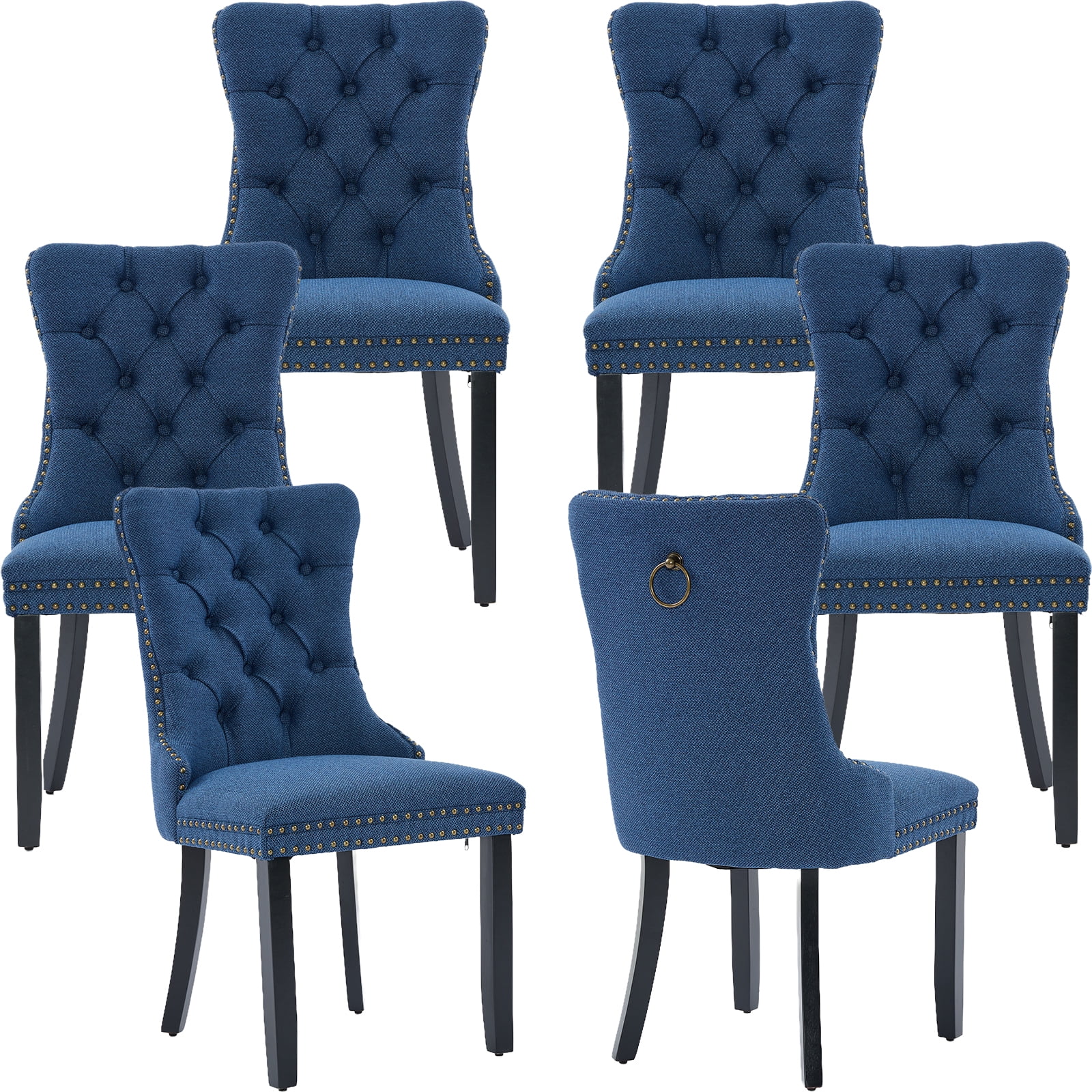 Linen Upholstered Dining Chairs Set of 6, Navy Mid Century Modern Dining Chairs, Kitchen & Dining Room Chairs with Wood Legs, Sillas de Comedor (Blue, 6 Pcs)