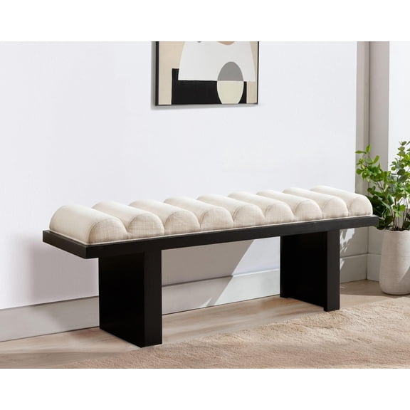 Linen Upholstered Entryway Bench, Modern Dining Room Bench with Channel Tufted Seat, Black Wood End of Bed Bench Comfy Ottoman Bench, 47 Inch Window Bench for Bedroom/Living Room, Beige