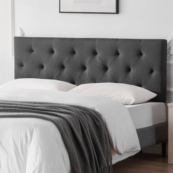 Linen Upholstered Headboard Full Size, Modern Diamond Tufting Solid Wood Full XL Headboard Only, Adjustable Height from 37” to 51” Head Board, Bed Frame or Wall Mount Headboards, Dark Grey