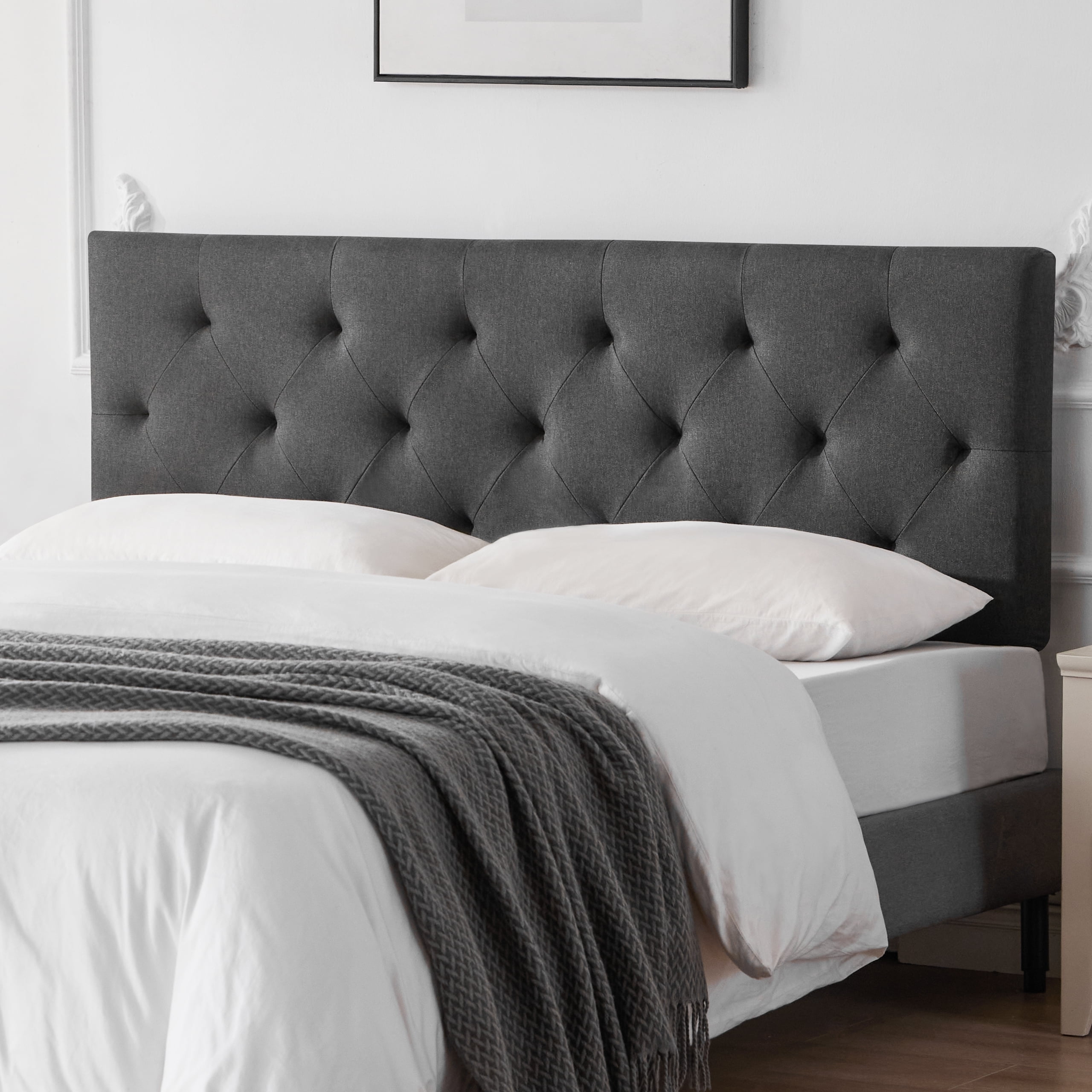 Weture Linen Upholstered King Size Headboard, Modern Panel, Dark Grey