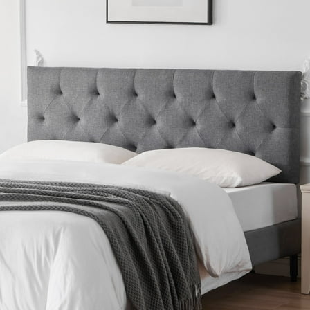 Linen Upholstered Headboard Queen Size, Modern Diamond Tufting Solid Wood Queen Headboard Only, Adjustable Height from 37” to 51” Head Board, Bed Frame or Wall Mount Headboards, Light Grey