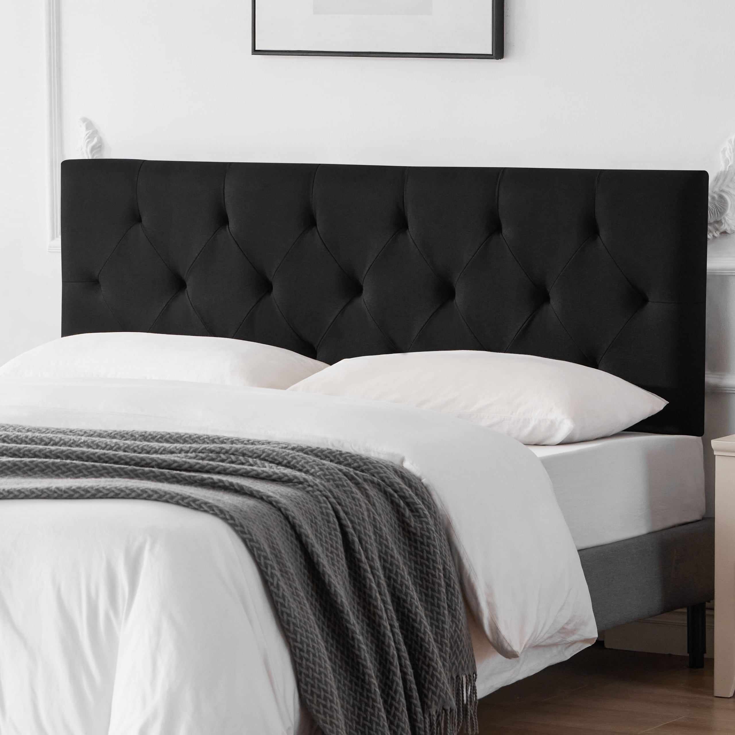 Linen Upholstered Headboard Twin Size, Diamond Tufting Solid Wood Twin XL Headboard Only, Adjustable Height from 37” to 51” Head Board, Dorm Bed Frame or Wall Mount Headboards, Black