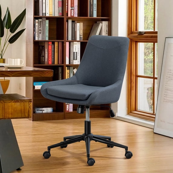 Linen Upholstered Home Office Task Chair, Armless Office Chair With Wheels, Swivel Adjustable Seat Height Desk Chair with Rocking Function for Bedroom, Living Room or Study, Dark Gray