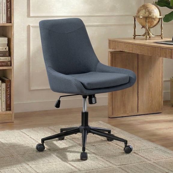 Linen Fabric Home Office Task Chair, Armless Vanity Chair With Wheels, Swivel Adjustable Seat Height Desk Chair with Rocking Function for Bedroom, Living Room or Study Dark Gray