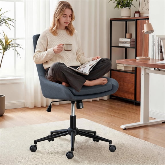 Linen Fabric Home Office Task Chair, Armless Vanity Chair With Wheels, Swivel Adjustable Seat Height Desk Chair with Rocking Function for Bedroom, Living Room or Study Dark Gray