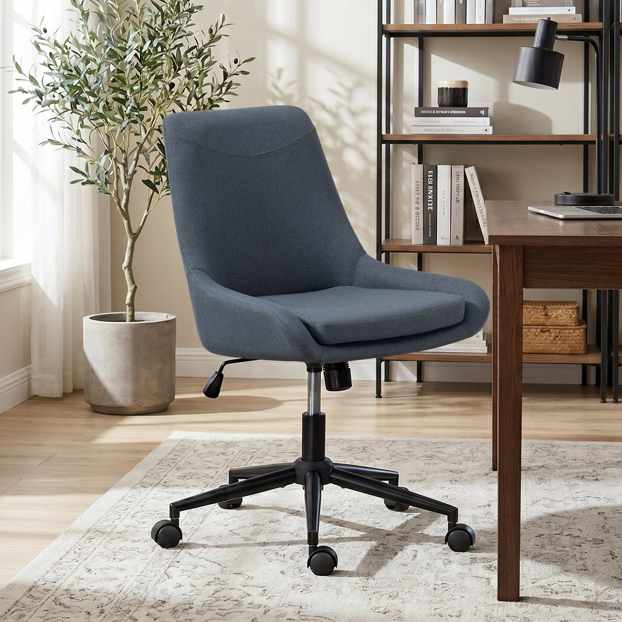 Linen Fabric Home Office Task Chair, Armless Vanity Chair With Wheels, Swivel Adjustable Seat Height Desk Chair with Rocking Function for Bedroom, Living Room or Study Dark Gray