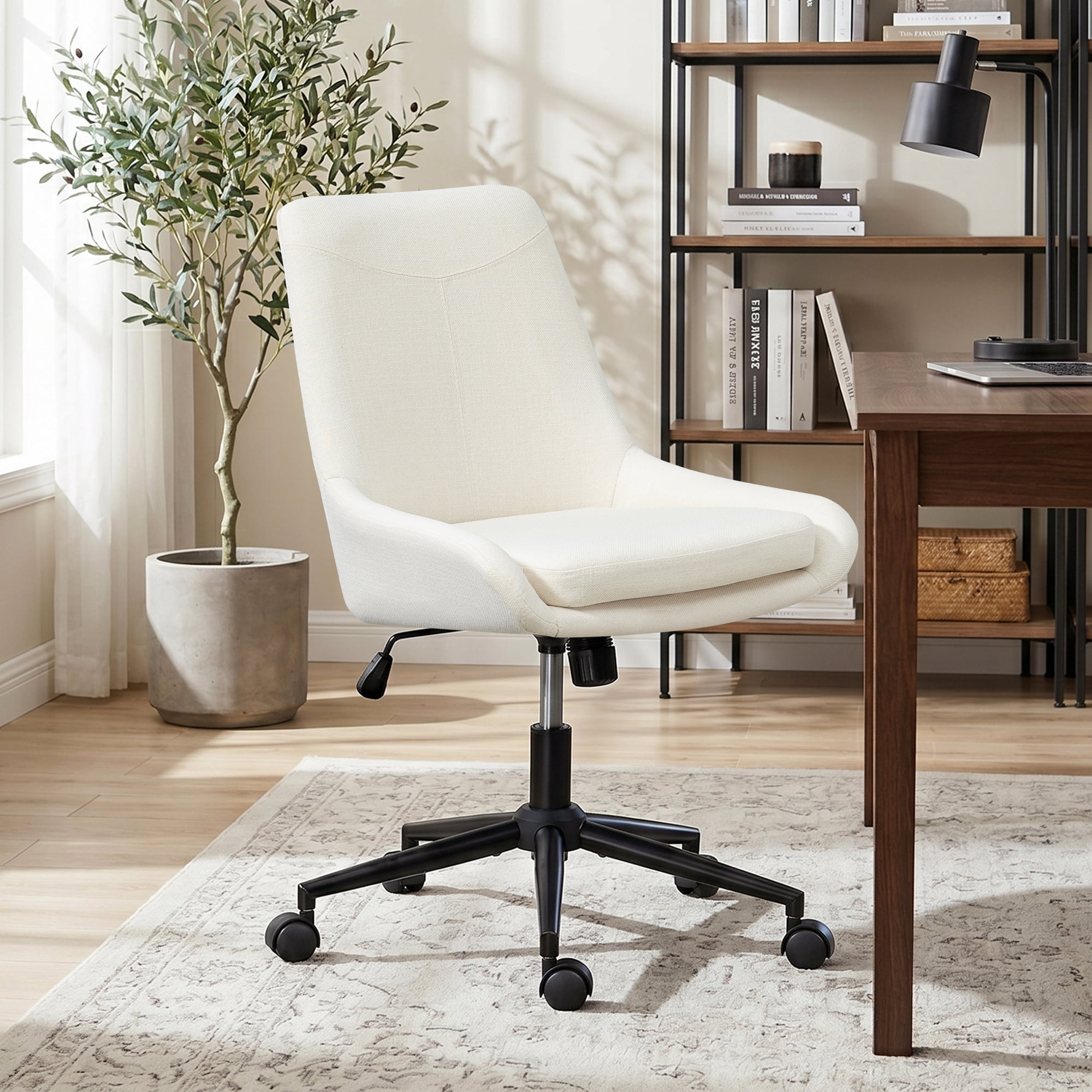 Armless Desk Chair with Wheels, Adjustable Swivel Fabric Makeup Chair, Comfortable Home Office Task Computer Chair, Beige