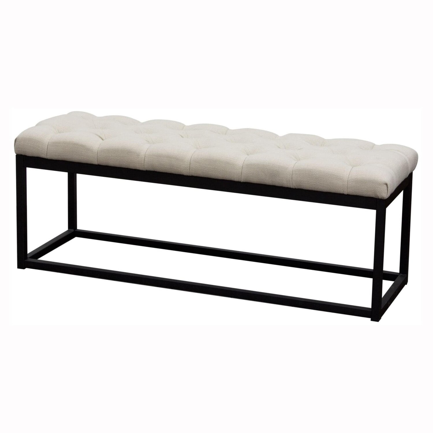 Beige and Black Linen Upholstered Metal Bench with Tufted Seat