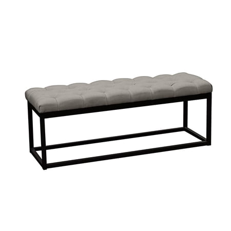 Linen Upholstered Metal Contemporary Bench with Diamond Tuft Details, Gray and Black - Saltoro Sherpi