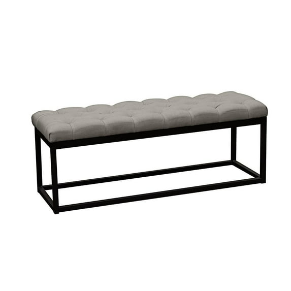 Linen Upholstered Metal Contemporary Bench with Diamond Tuft Details, Gray and Black - Saltoro Sherpi