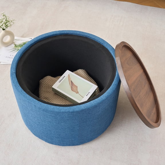 FunMay Nesting Ottomans Set of 2, Blue Linen Upholstered Storage Ottomans