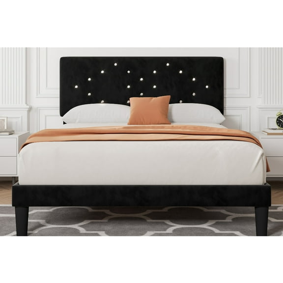 Linen Upholstered Platform Bed Frame - Button Tufted Headboard Princess Bed w/ Wood Slats (Twin/Full/Queen, No Box Spring Needed)